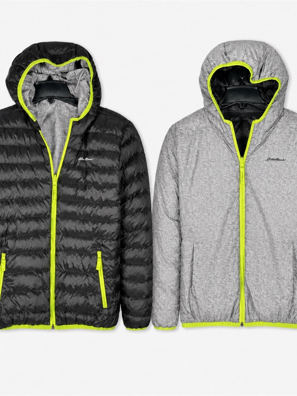 Eddie Bauer Boys Reversible Hooded Down Jacket Black Gray Neon Green 14/16